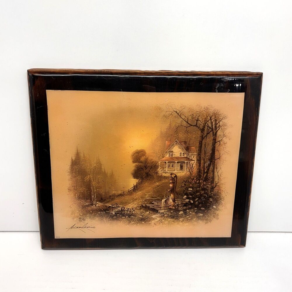 2 Vtg Wooden Hanging Rustic Farmhouse Scenes Art Plaques Decor Glossy 12" x 10" - Picture 4 of 6